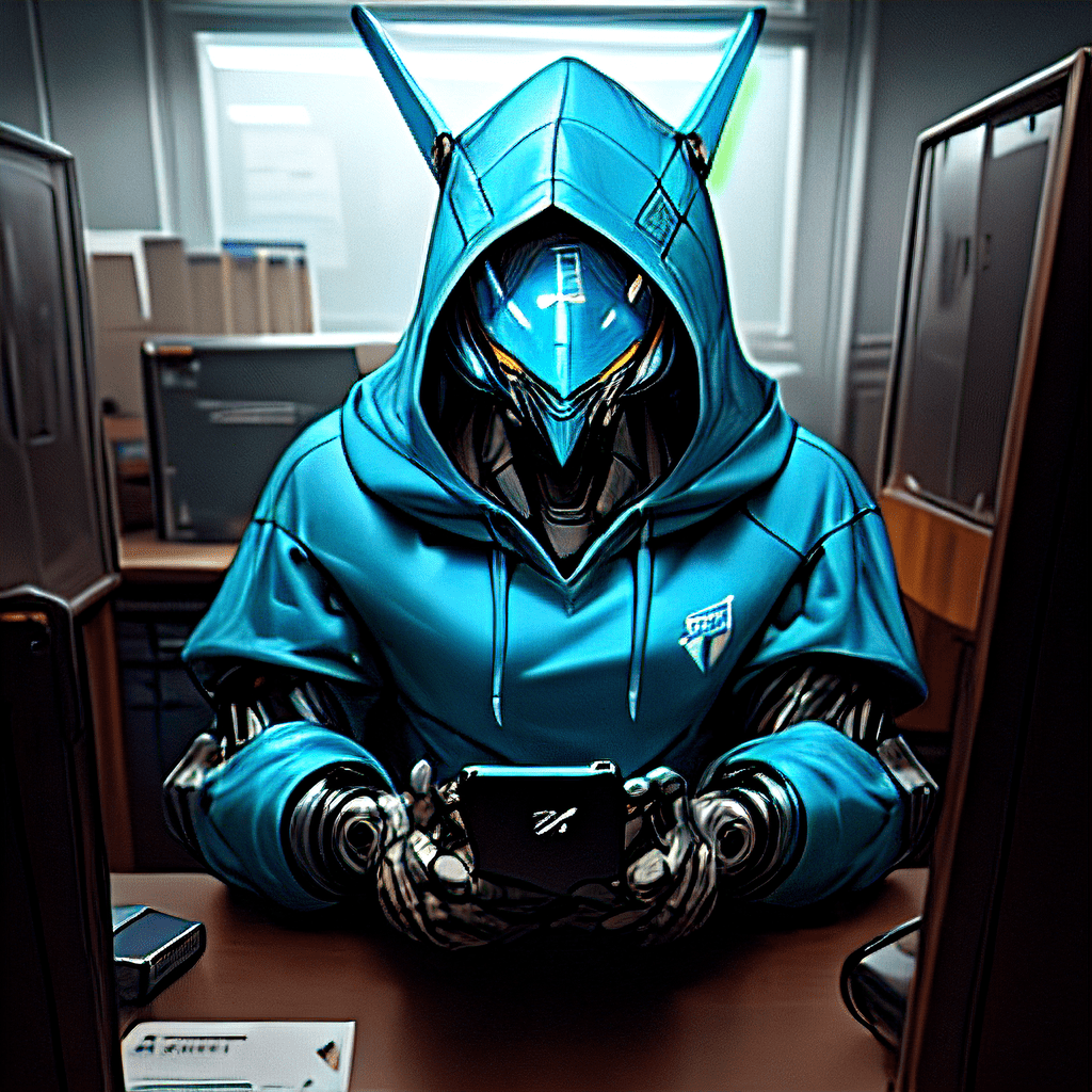 intelligent cyber defence robot wearing a blue hoodie and using on a smartphone in an office, hd, dramatic lighting, detailed