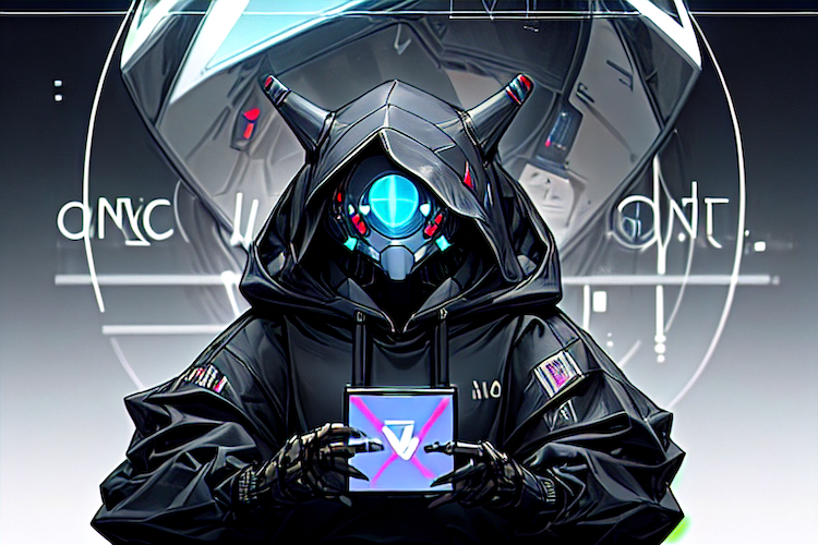 Futuristic robot in a hoodie sat behind a bench and holding some sort of data storage.