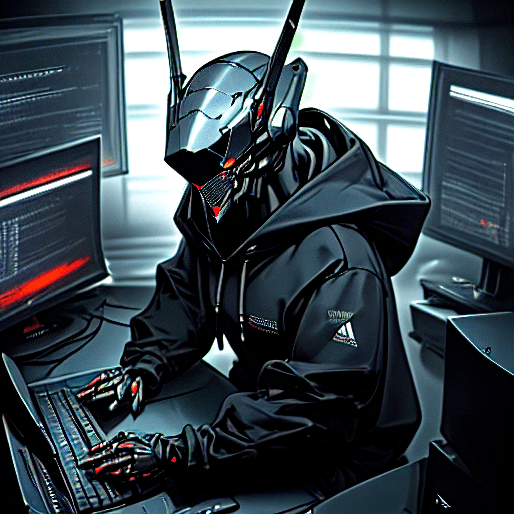 cyber defence robot with a round head wearing a black hoodie and programming a computer, hd, dramatic lighting, detailed